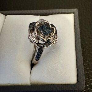 JTV Round Blue Diamond Rhodium over Sterling Silver Ring Sz 7.